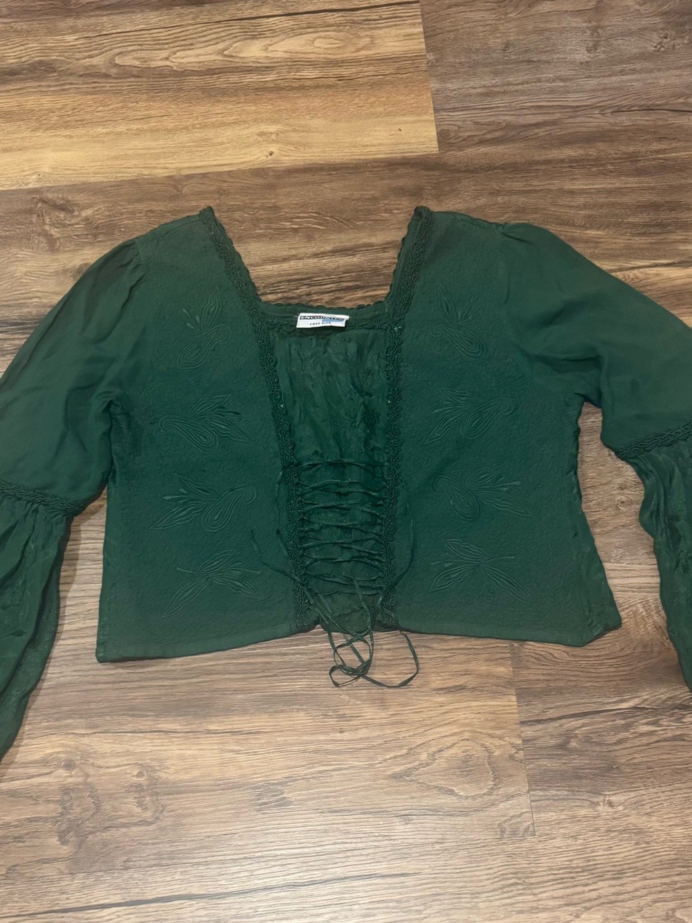 Vintage Forest Green Lace Up Corset Bell Sleeve Blouse Free Size (Large)